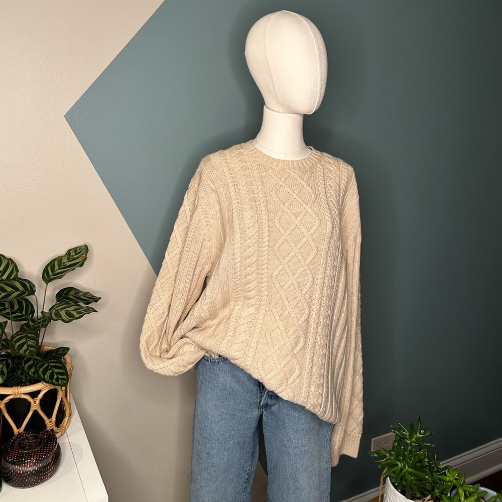 Tasso Elba Men Beige Cable Knit Sweater 100% Cotton Vintage-Inspired Pullover L - Picture 3 of 12